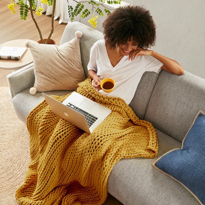 Madison Park Chunky Double Knit Handmade Throw Blanket - Yellow - Quahog Bay Bedding