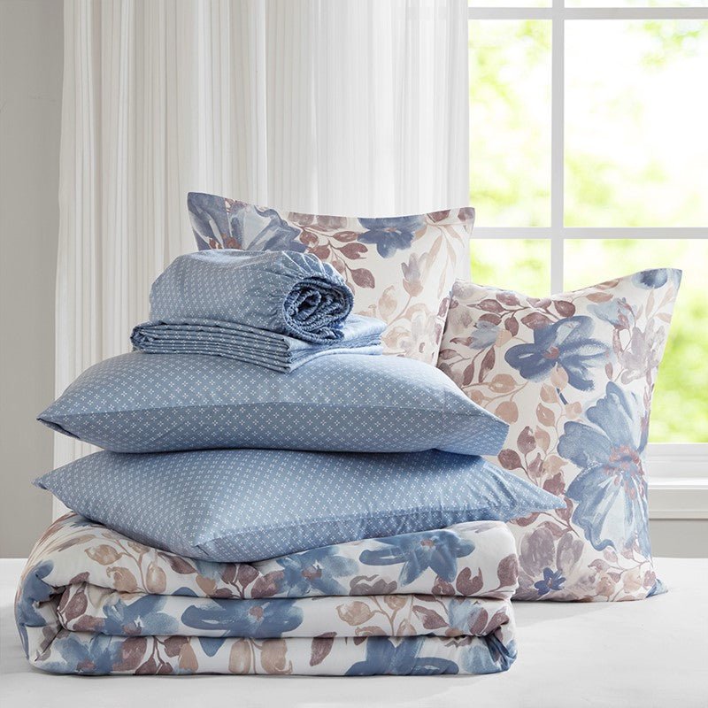 Madison Park Luna Comforter Set with Bed Sheets - Blue - Coastal Floral Bedding Bundle - Quahog Bay Bedding