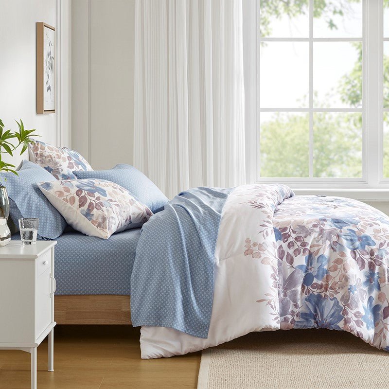 Madison Park Luna Comforter Set with Bed Sheets - Blue - Coastal Floral Bedding Bundle - Quahog Bay Bedding
