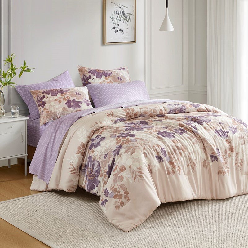 Madison Park Luna Comforter Set with Bed Sheets - Taupe - Floral Bedding Bundle - Quahog Bay Bedding