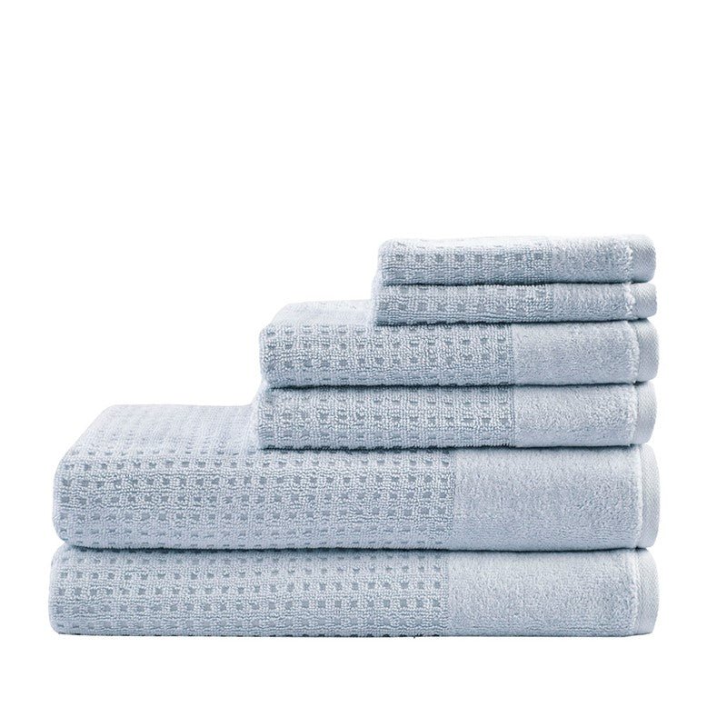 Madison Park Spa Waffle Cotton 6PC Jacquard Bath Towel Set - Blue - Coastal Bath Towels - Quahog Bay Bedding