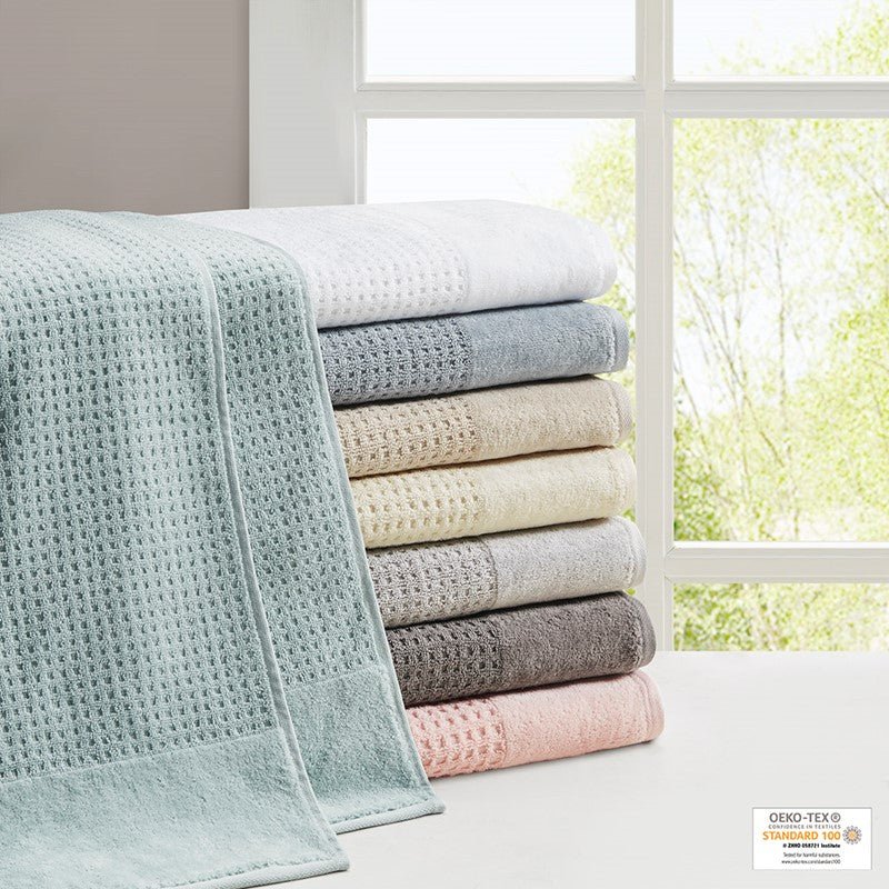 Madison Park Spa Waffle Cotton 6PC Jacquard Bath Towel Set - Blue - Coastal Bath Towels - Quahog Bay Bedding