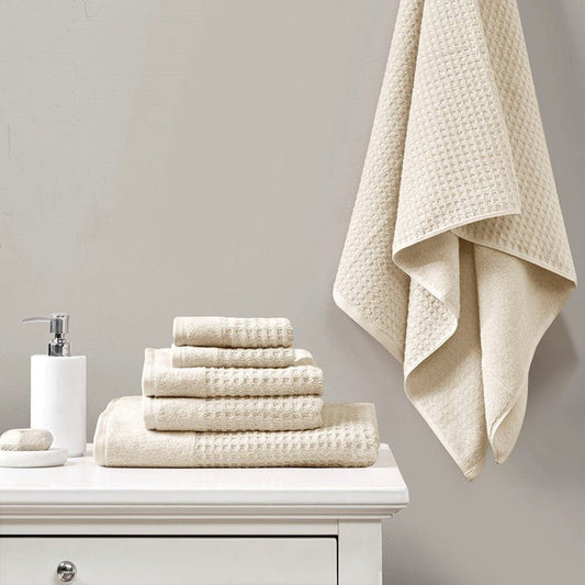 Madison Park Spa Waffle Cotton 6PC Jacquard Bath Towel Set - Natural - Coastal Bath Towels - Quahog Bay Bedding