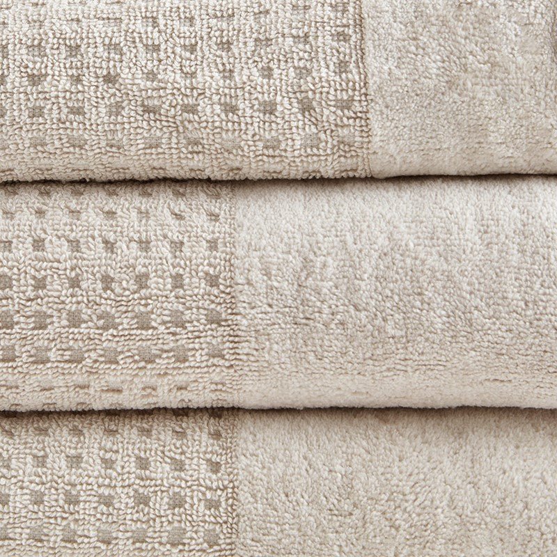 Madison Park Spa Waffle Cotton 6PC Jacquard Bath Towel Set - Natural - Coastal Bath Towels - Quahog Bay Bedding