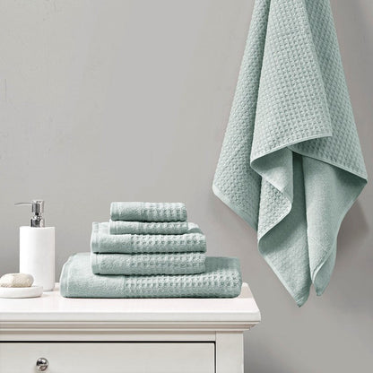 Madison Park Spa Waffle Cotton 6PC Jacquard Bath Towel Set - Seafoam - Coastal Bath Towels - Quahog Bay Bedding