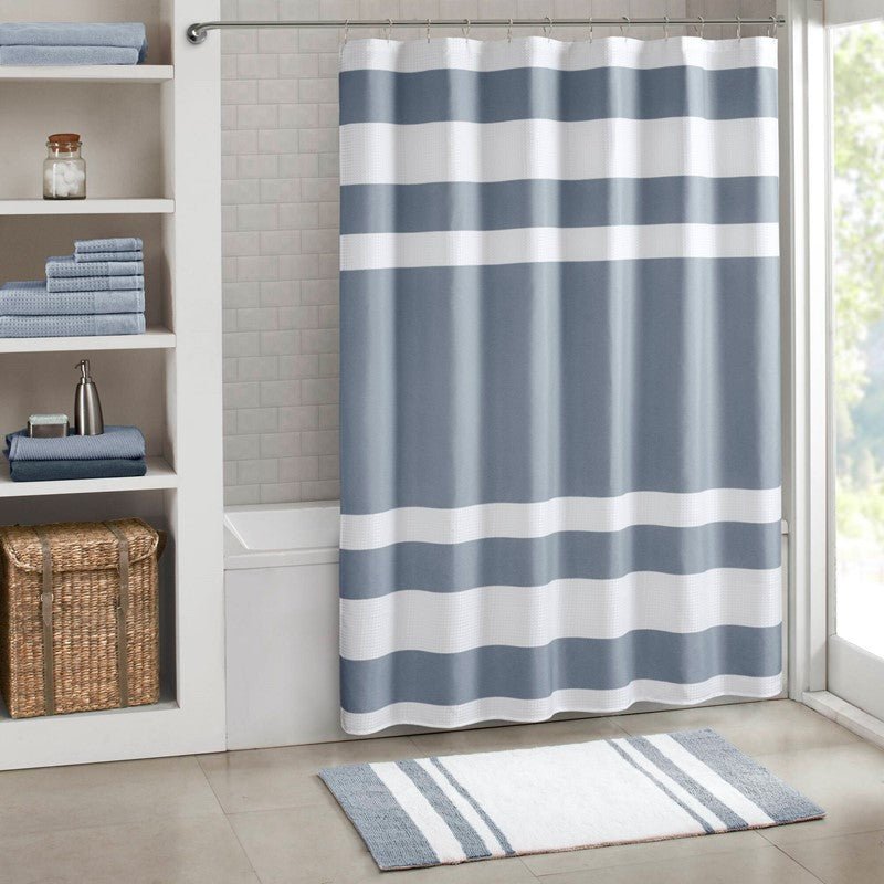 Madison Park - Spa Waffle Shower Curtain - Dark Blue - Quahog Bay Bedding