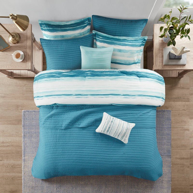 Marina 8PC Printed Seersucker Comforter and Quilt Set Collection - Aqua - Beachy Bedding - Quahog Bay Bedding