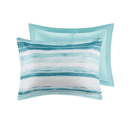 Marina 8PC Printed Seersucker Comforter and Quilt Set Collection - Aqua - Beachy Bedding - Quahog Bay Bedding