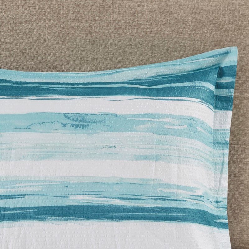 Marina 8PC Printed Seersucker Comforter and Quilt Set Collection - Aqua - Beachy Bedding - Quahog Bay Bedding