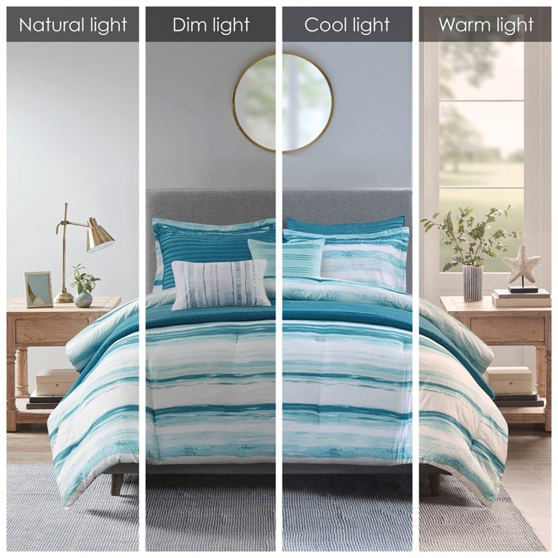Marina 8PC Printed Seersucker Comforter and Quilt Set Collection - Aqua - Beachy Bedding - Quahog Bay Bedding