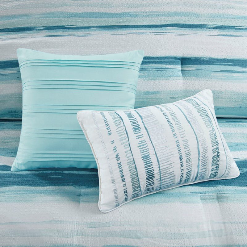 Marina 8PC Printed Seersucker Comforter and Quilt Set Collection - Aqua - Beachy Bedding - Quahog Bay Bedding