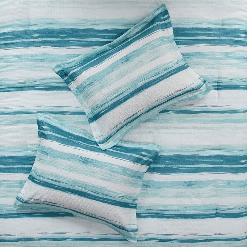Marina 8PC Printed Seersucker Comforter and Quilt Set Collection - Aqua - Beachy Bedding - Quahog Bay Bedding