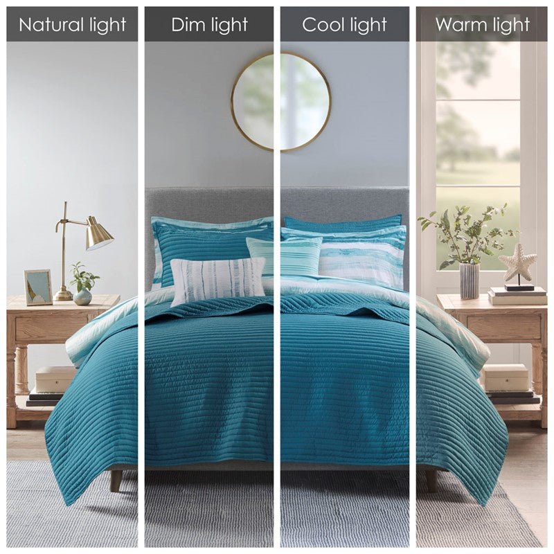 Marina 8PC Printed Seersucker Comforter and Quilt Set Collection - Aqua - Beachy Bedding - Quahog Bay Bedding