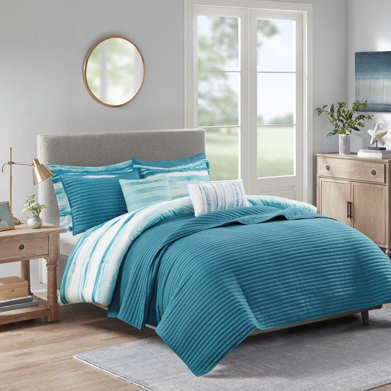 Marina 8PC Printed Seersucker Comforter and Quilt Set Collection - Aqua - Beachy Bedding - Quahog Bay Bedding