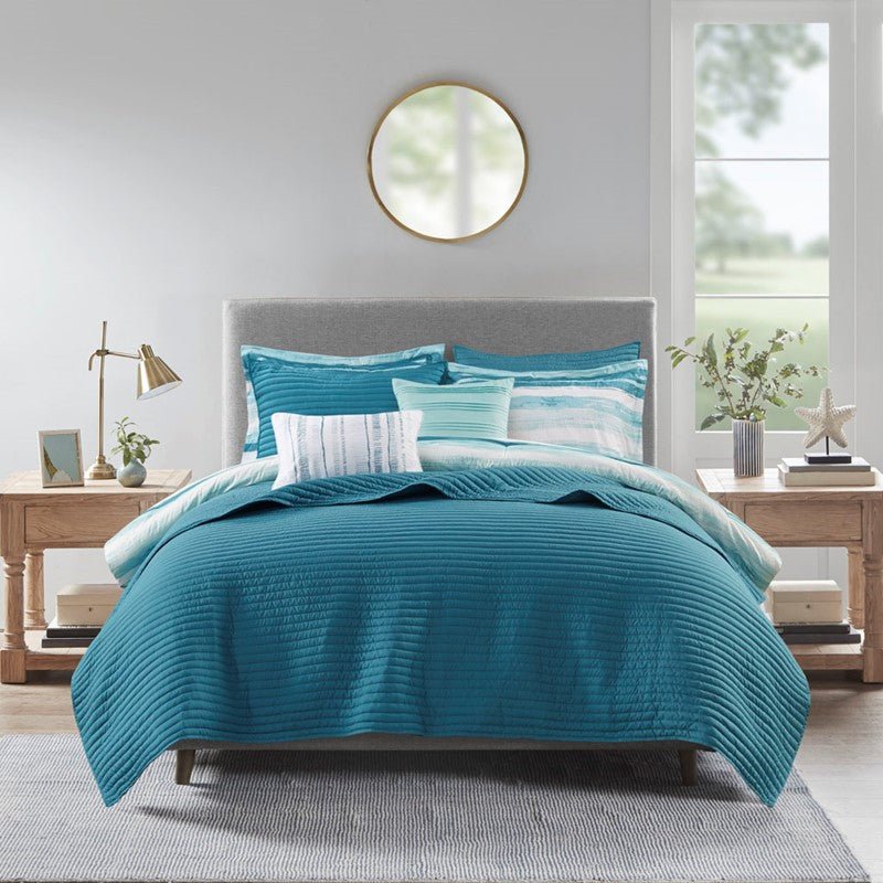 Marina 8PC Printed Seersucker Comforter and Quilt Set Collection - Aqua - Beachy Bedding - Quahog Bay Bedding