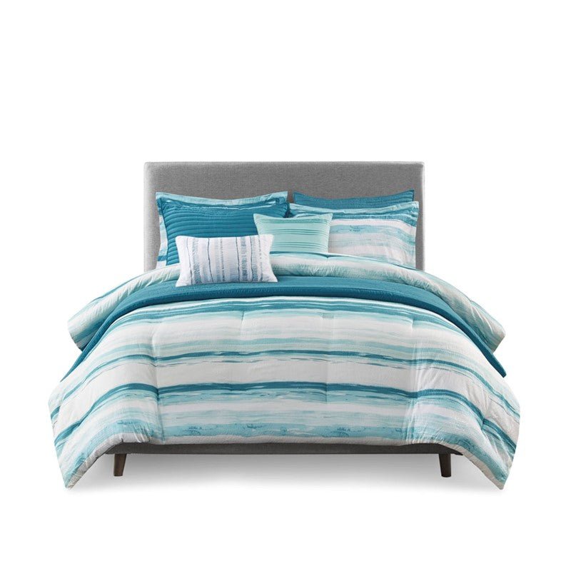 Marina 8PC Printed Seersucker Comforter and Quilt Set Collection - Aqua - Beachy Bedding - Quahog Bay Bedding