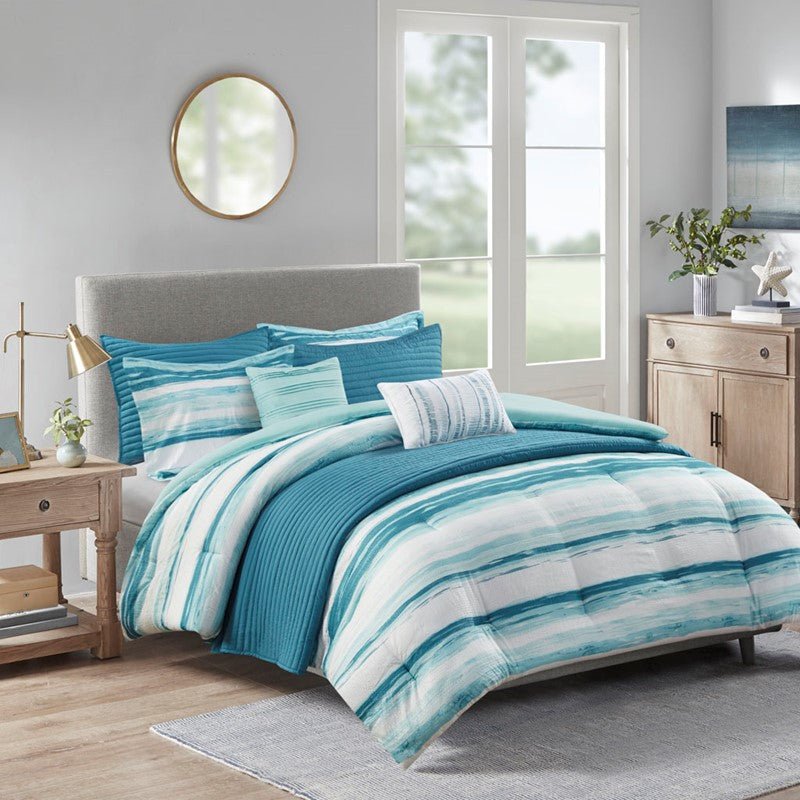 Marina 8PC Printed Seersucker Comforter and Quilt Set Collection - Aqua - Beachy Bedding - Quahog Bay Bedding