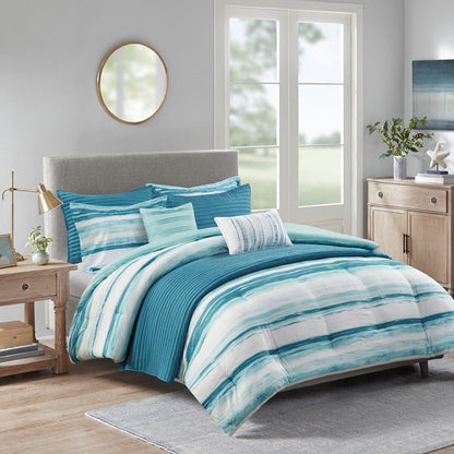 Marina 8PC Printed Seersucker Comforter and Quilt Set Collection - Aqua - Beachy Bedding - Quahog Bay Bedding