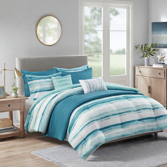 Marina 8PC Printed Seersucker Comforter and Quilt Set Collection - Aqua - Beachy Bedding - Quahog Bay Bedding