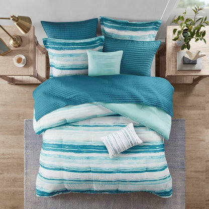 Marina 8PC Printed Seersucker Comforter and Quilt Set Collection - Aqua - Beachy Bedding - Quahog Bay Bedding