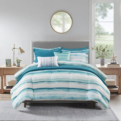 Marina 8PC Printed Seersucker Comforter and Quilt Set Collection - Aqua - Beachy Bedding - Quahog Bay Bedding