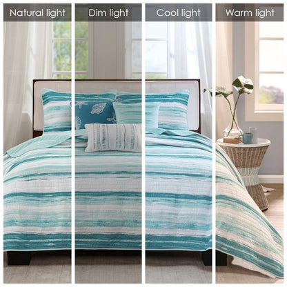 Coastal Marina 6 Piece Quilt Set with Throw Pillows - Aqua, Teal and Pastel Blue Hues