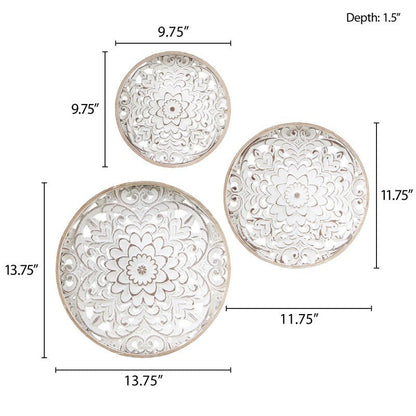 Medallion Trio Distressed White Floral 3 - piece Carved Wood Wall Decor Set - Quahog Bay Bedding