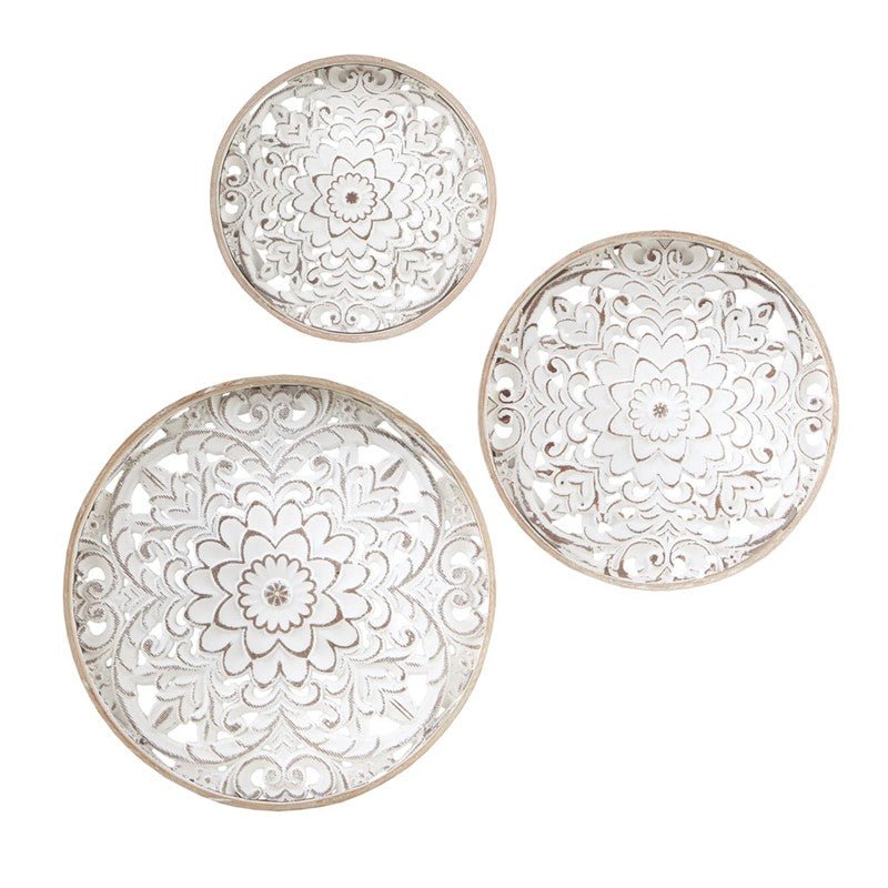 Medallion Trio Distressed White Floral 3 - piece Carved Wood Wall Decor Set - Quahog Bay Bedding