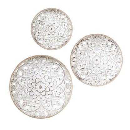 Medallion Trio Distressed White Floral 3 - piece Carved Wood Wall Decor Set - Quahog Bay Bedding