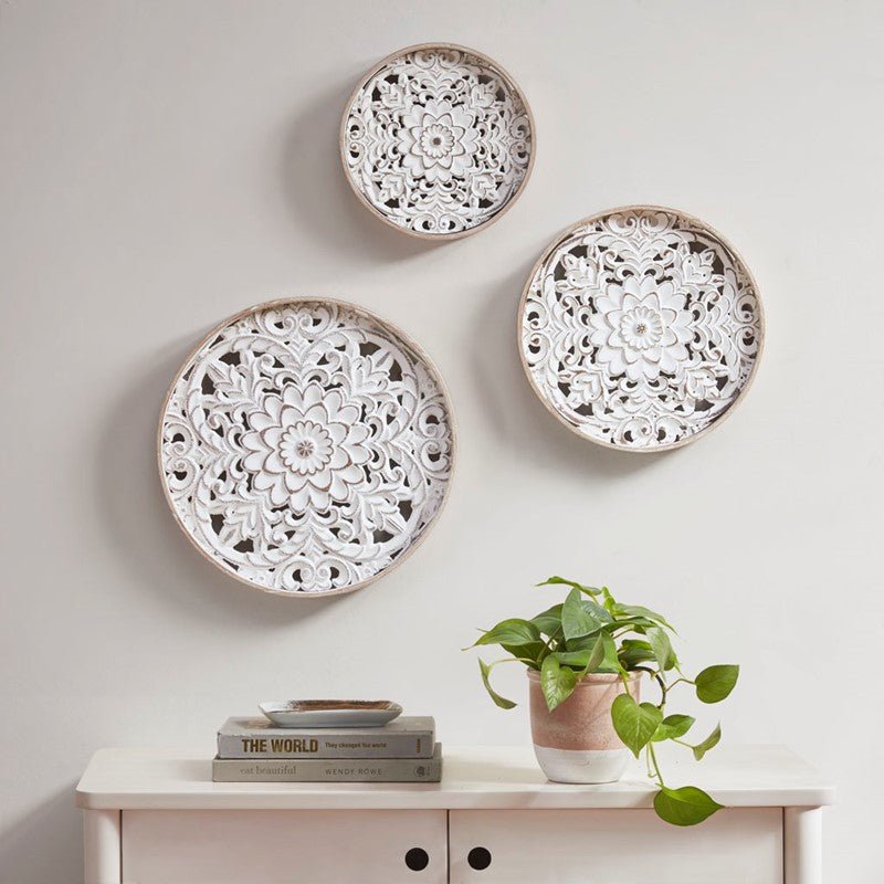 Medallion Trio Distressed White Floral 3 - piece Carved Wood Wall Decor Set - Quahog Bay Bedding