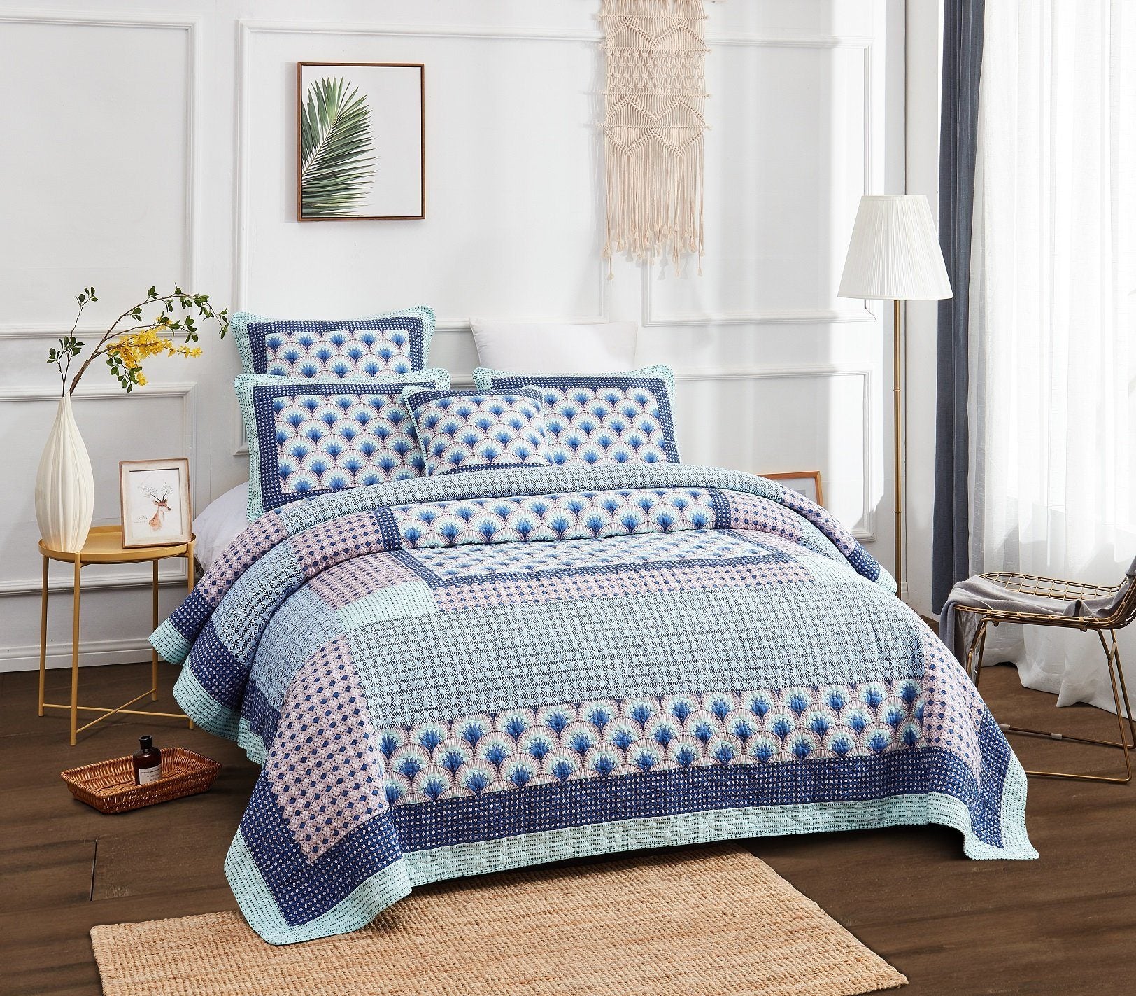 Mediterranean Blue Mint Green Patchwork Quilted Bedspread Set - Quahog Bay Bedding