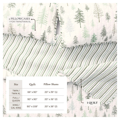 Lodge Quilt - White With Evergreen Trees - Fall & Christmas Themed Bedding