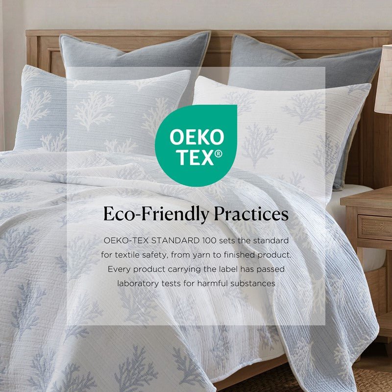 Mia Coastal Coral Reversible Jacquard Quilt Set | 3 - Piece | Blue - Quahog Bay Bedding