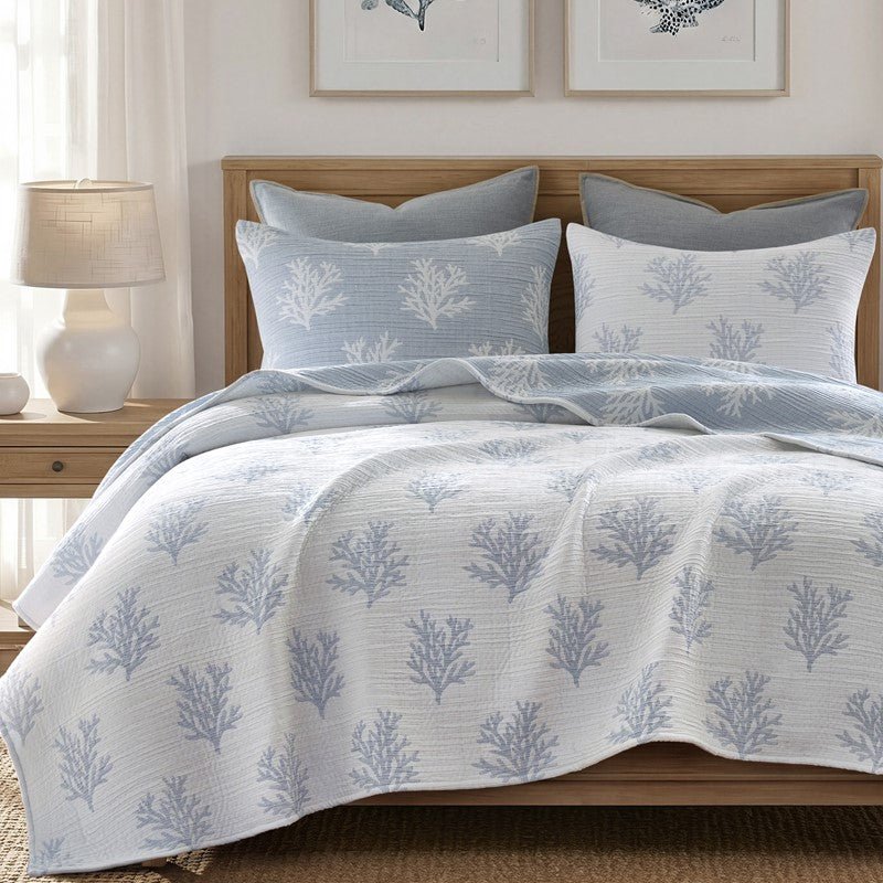 Mia Coastal Coral Reversible Jacquard Quilt Set | 3 - Piece | Blue - Quahog Bay Bedding