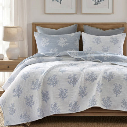 Mia Coastal Coral Reversible Jacquard Quilt Set | 3 - Piece | Blue - Quahog Bay Bedding