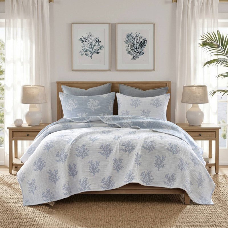 Mia Coastal Coral Reversible Jacquard Quilt Set | 3 - Piece | Blue - Quahog Bay Bedding
