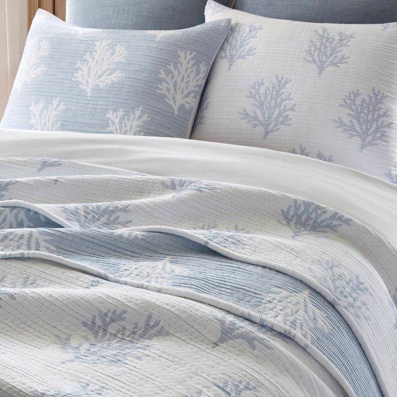 Mia Coastal Coral Reversible Jacquard Quilt Set | 3 - Piece | Blue - Quahog Bay Bedding