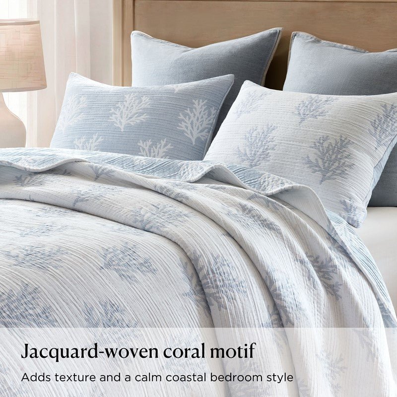 Mia Coastal Coral Reversible Jacquard Quilt Set | 3 - Piece | Blue - Quahog Bay Bedding