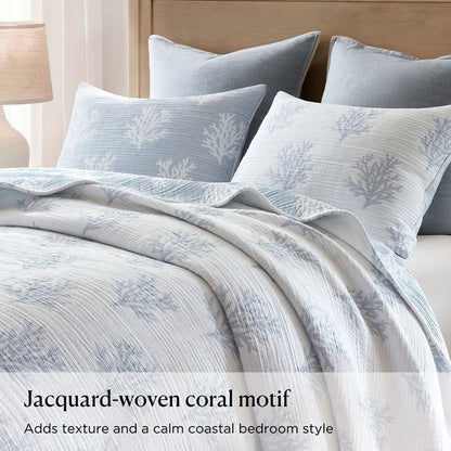 Mia Coastal Coral Reversible Jacquard Quilt Set | 3 - Piece | Blue - Quahog Bay Bedding