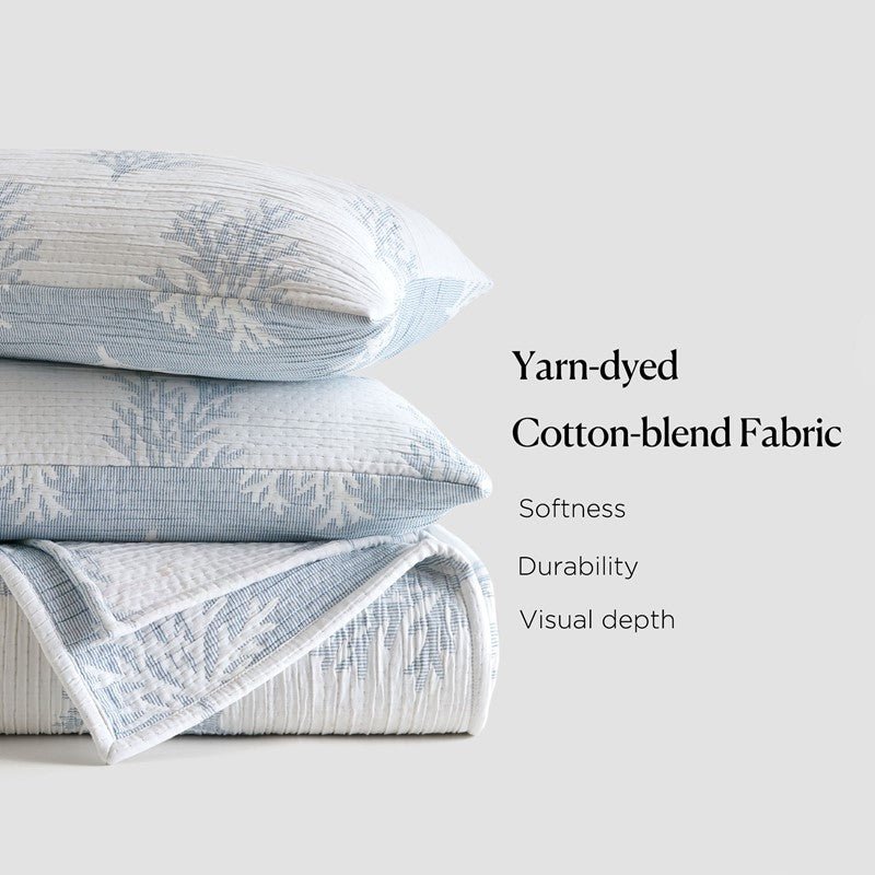 Mia Coastal Coral Reversible Jacquard Quilt Set | 3 - Piece | Blue - Quahog Bay Bedding