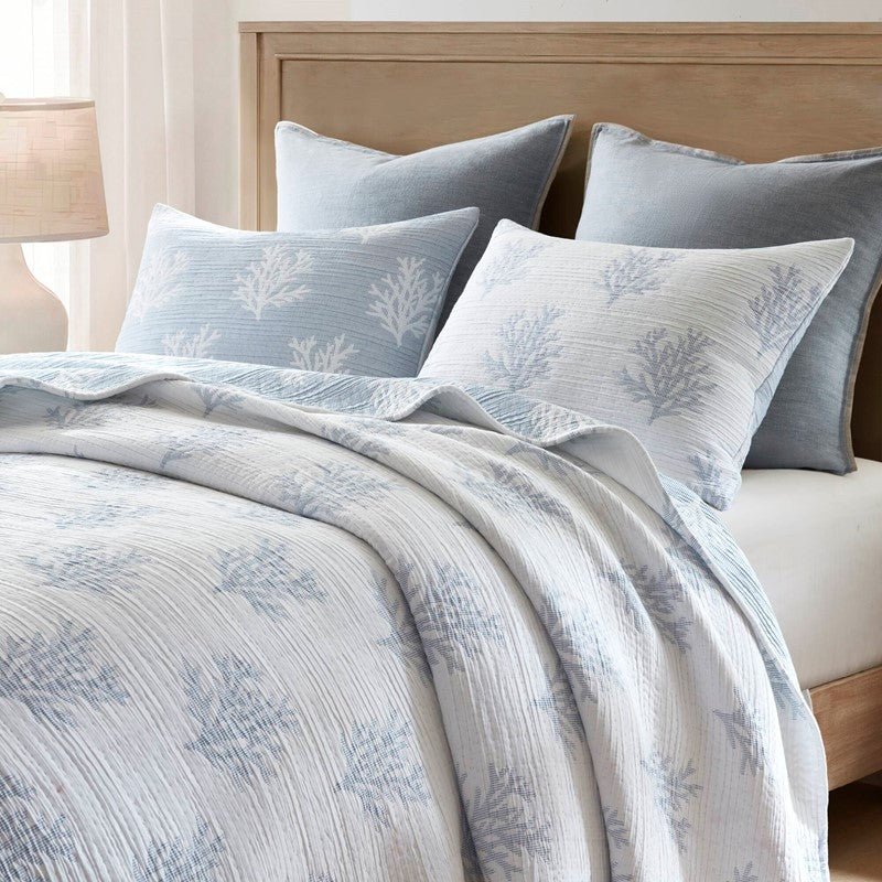 Mia Coastal Coral Reversible Jacquard Quilt Set | 3 - Piece | Blue - Quahog Bay Bedding