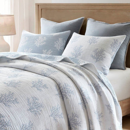 Mia Coastal Coral Reversible Jacquard Quilt Set | 3 - Piece | Blue - Quahog Bay Bedding