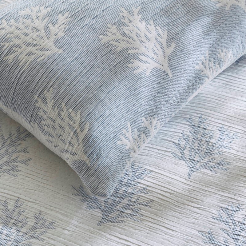 Mia Coastal Coral Reversible Jacquard Quilt Set | 3 - Piece | Blue - Quahog Bay Bedding