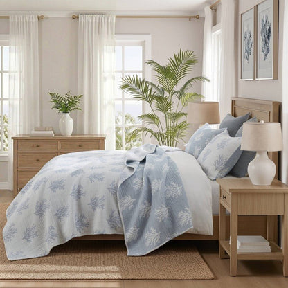 Mia Coastal Coral Reversible Jacquard Quilt Set | 3 - Piece | Blue - Quahog Bay Bedding