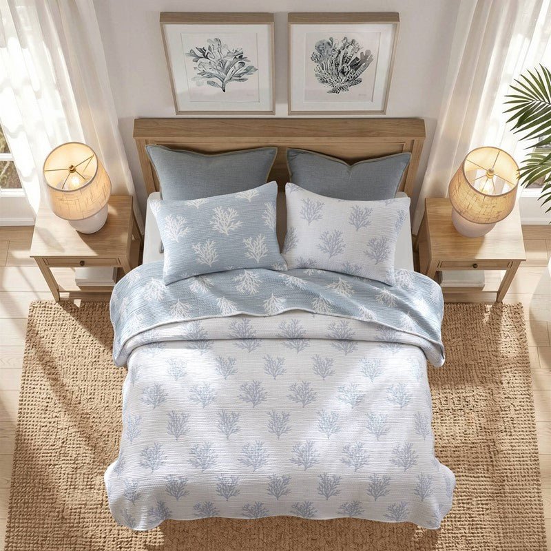 Mia Coastal Coral Reversible Jacquard Quilt Set | 3 - Piece | Blue - Quahog Bay Bedding