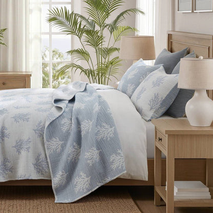 Mia Coastal Coral Reversible Jacquard Quilt Set | 3 - Piece | Blue - Quahog Bay Bedding