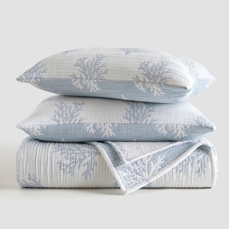 Mia Coastal Coral Reversible Jacquard Quilt Set | 3 - Piece | Blue - Quahog Bay Bedding