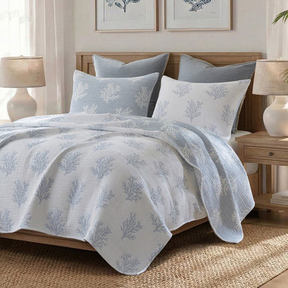 Mia Coastal Coral Reversible Jacquard Quilt Set | 3 - Piece | Blue - Quahog Bay Bedding