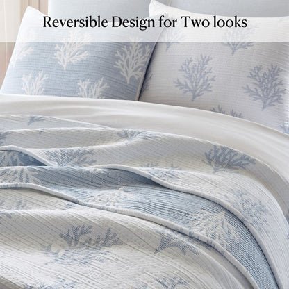 Mia Coastal Coral Reversible Jacquard Quilt Set | 3 - Piece | Blue - Quahog Bay Bedding