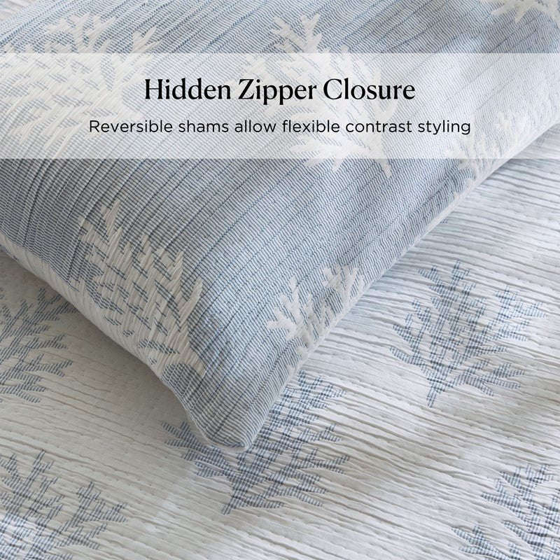 Mia Coastal Coral Reversible Jacquard Quilt Set | 3 - Piece | Blue - Quahog Bay Bedding